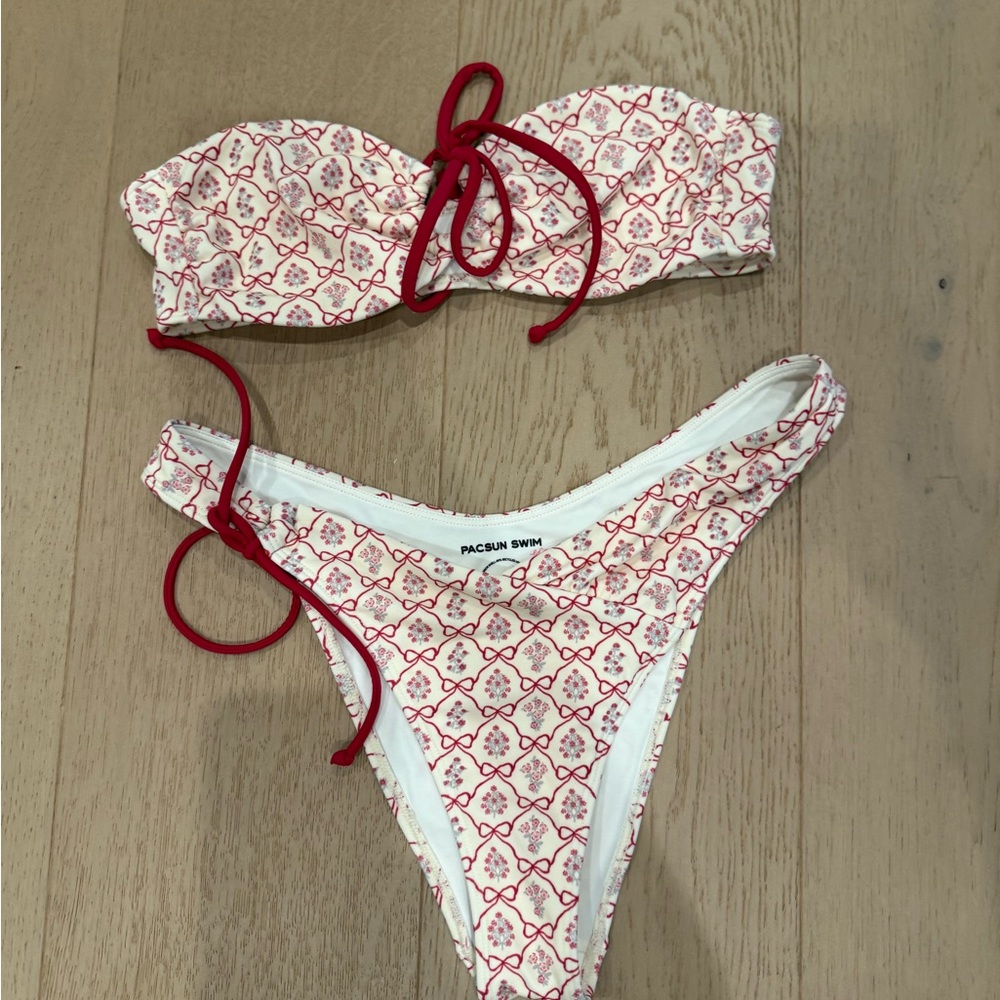 PacSun Swim White Bikini with Red Floral & Bow Print